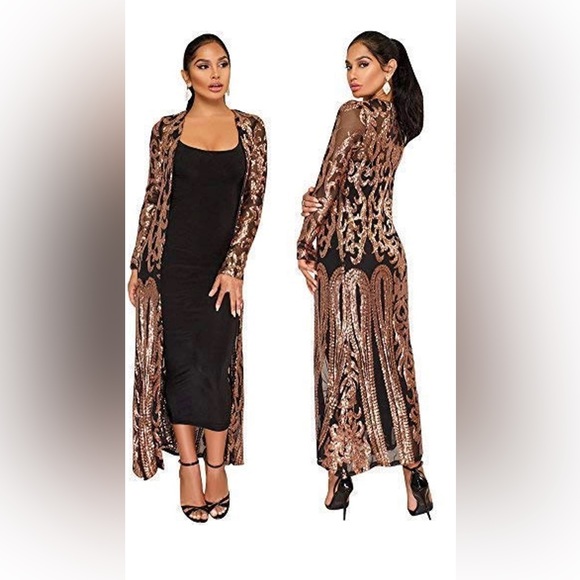 Banjul Jackets & Blazers - Banjul sequin ankle length cardigan cloak, duster. Black with rose gold. Small.